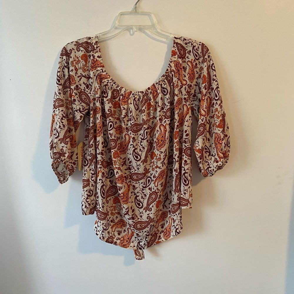 Stella Tweed Brown Paisley off the shoulder top, size XL